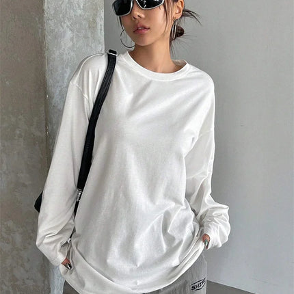 Women Basic Long Sleeve Loose O-neck T-shirt Autumn Winter Solid Color Tee Top Streetwear