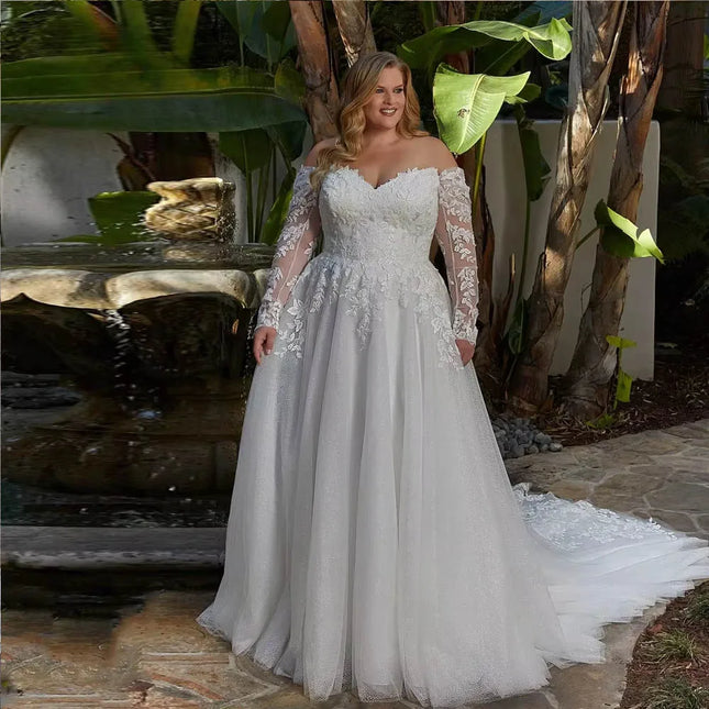 Brautkleider in großen Größen für die Braut, herzförmiger Ausschnitt, schulterfrei, A-Linien-Brautkleider, lange Ärmel, Applikationen, Brautkleid, individualisiert