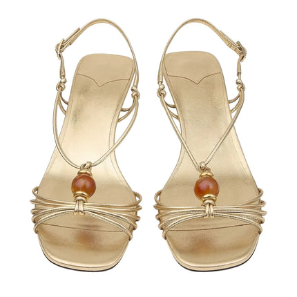 Women's  Slingback Sandals Amber Bead Decor Open‑Toe Kitten Heels Thin Knotted Strap Mid‑Heel Backless Pumps Elegant