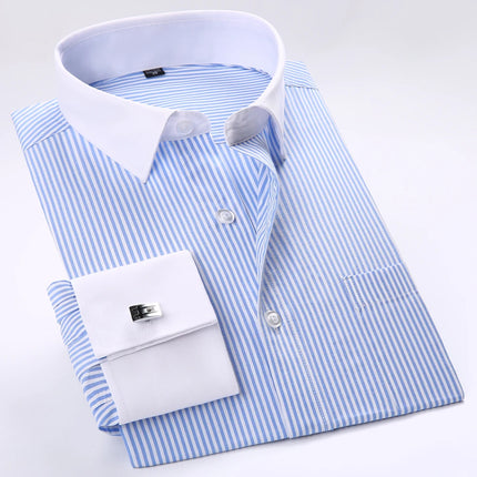 Men's Spread Collar French Cuff Dress Shirt Long Sleeve Formal Business Buttons Male Wedding Shirts Regular Fit Cufflinks Shirt