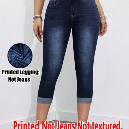 2007 [Printed Pants - Not Denim Fabric] Printed Legging - Not Denim Fabric Women's Imitation Denim Capri Pants Summer Blue