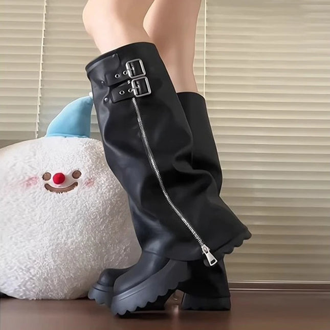 Punk Style Splicing Thick Bottom Women Knee-High Boots Fashion Zipper Female Pleated Knight Long Booties Shoes