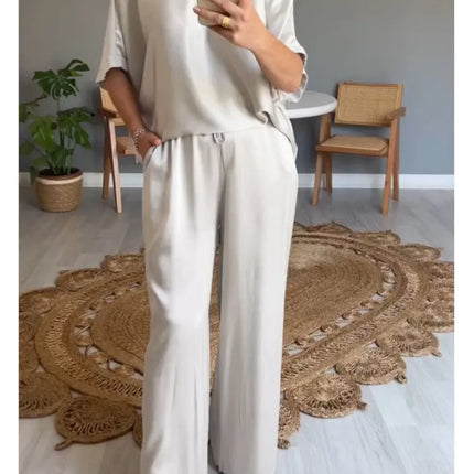Spring Summer Fashion Solid Smooth Satin Two Piece Sets New Women's V Neck Half Sleeved Top And Long Pants Casual Loose Outfits