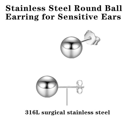 1 Pair Hypoallergenic Stainless Steel Ball Stud Earrings for Men and Women Silver Rose Ball Studs Size 2-8mm