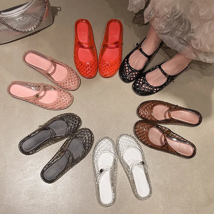 Women's Light Luxury Crystal Jelly Mary Jane Flat Sandals Hollow-out Breathable Closed Toe Summer Casual Non-slip Slip-on Shoes