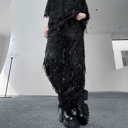 2025 Fashion Sequin Tassel Wide Leg Pants Stage Performance Costume Man Woman Punk Hip Hop Straight Pants Black White Red