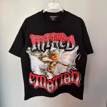 Fashion Brand Mixed Emotion Embroidery Rhinestone American Streetwear Angel Print Hot Diamond Top Tee Men Women Loose T shirts