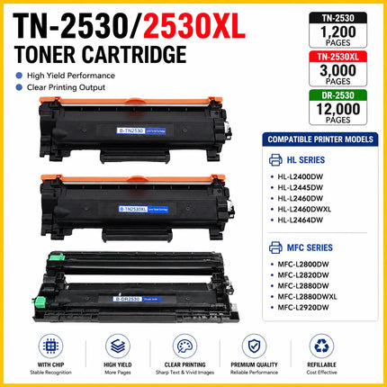 TN-2530XL Toner Cartridge Compatible for Brother HL-L2400DW L2460DW MFC-L2800DW | High Yield 3000 Pages Black Toner + DR-2530 Dr