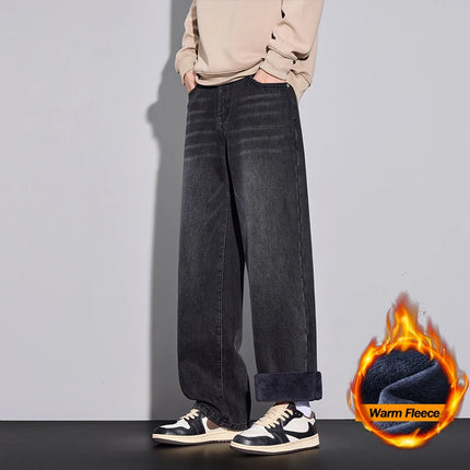 Fleece Jeans Winter Wide Leg Men's Warm Plush Velvet Denim Pants Fashion Korean Straight Streetwear Loose Thick Thermal Trousers