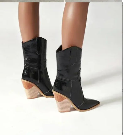 New Classic Embroidered pointed Sexy Cowboy Boots for Women Leather Cowgirl Boots High Heels Shoes Mid Calf Woman Boots Large