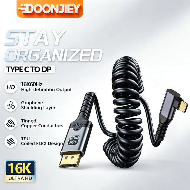 USB C to DP 2.1 Cable 16K@60Hz Compatible Thunderbolt 3/4 Type C to DisplayPort Portable Spring Cord
