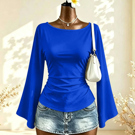 Boat Neck Flare Long Sleeve Side Ruched Fitted Casual Blouse Slim Fit Basic Top