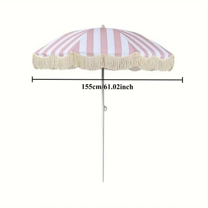 UPF50+ Black Sun Protection Umbrella with Pink-White Stripes And Fringe Portable Outdoor Beach Courtyard Umbrella without Base