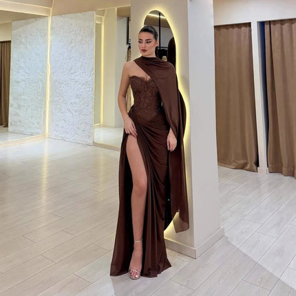 Serene Hill 2026 Brown Lace Beaded Mermaid Evening Dress High Split with Scarf Cape for Women Party Gown LA73672 Customized