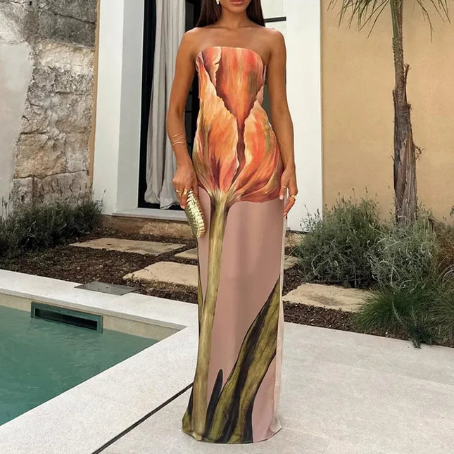 Sexy Strapless Backless Printed Long Dress Sleeveless Off Shoulder Summer Party Evening Robes