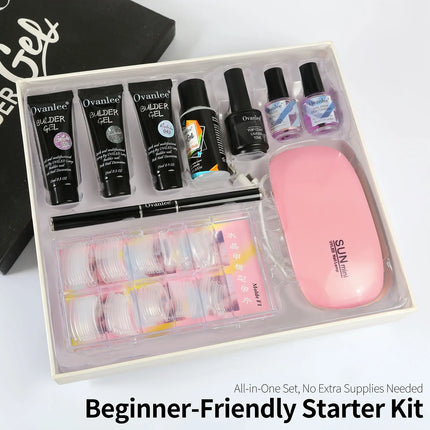Ovanlee 13pcs gift box packaging,Builder Gel, Nail Cleanser, Base Coat, Bonder, Top Coat, UV/LED Nail Lamp, Nail Forms