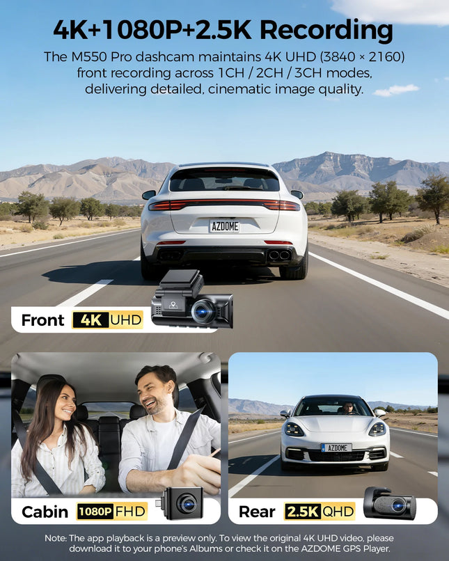 AZDOME M550 Pro 3-Channel Dash Cam 4K+1K+2.5K Car Camera Voice Control Built-in 5.8Ghz WiFi GPS ADAS IR Night Vision 24H Parking