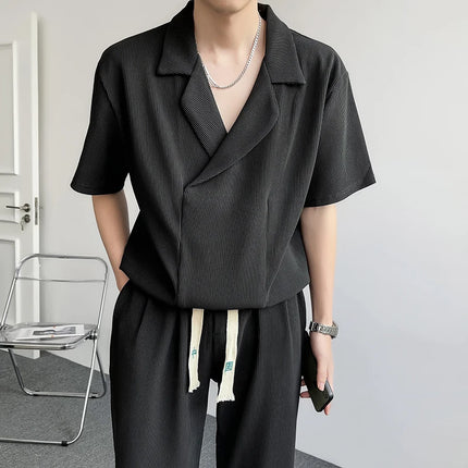 2025 Summer Pleated Sets Men Fashion Casual Short Sleeved T shirt/Trousers Two-piece Mens Korean Loose Ice Silk Sets Men 3-color