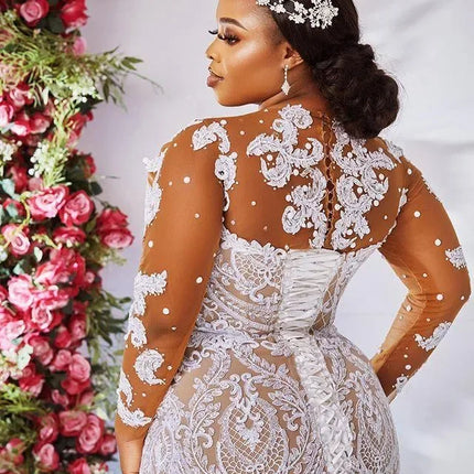 Customized Luxury African Tiered Ruffles Mermaid Wedding Dresses Appliques Lace Long Sleeve Plus Size Wedding Gowns For Bride