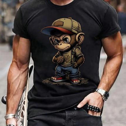 Men's Summer 100% Cotton round Neck T-Shirt Casual Loose Fit Cartoon Monkey Pattern Printed Short Sleeve Fashionable Sports Tee