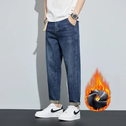 Winter Dark Blue Fleece Jeans for Men Black Loose Straight Casual Trendy Comfortable Versatile Youth Thickened Harem Pants Blue