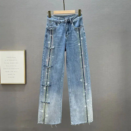 Rhinestone Jeans Women's Wide-Leg Pants 2023 Spring New High Waist Loose and Slimming Mop Pants Fashionable Trousers