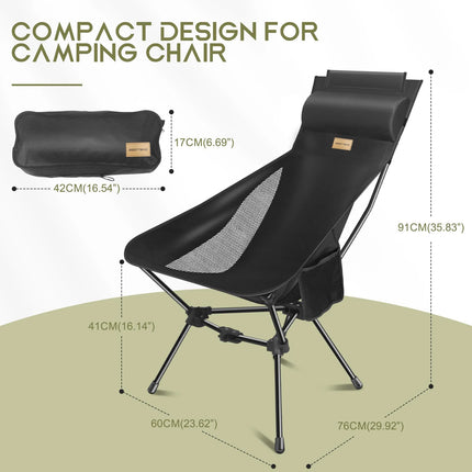 WESTTUNE Lightweight Folding High Back Camping Chair with Head Support Portable Compact Outdoor Travel Picnic Beach Longue Chair
