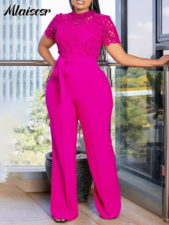 Mlaiscsr Eleganter weißer Overall mit Schärpen Club-Outfit für Damen Spitze Patchwork Kurzarm Geburtstagsparty Einteiler Strampler