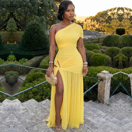 Doyerl One Shoulder Elegant Dresses for Woman Formal Evening Sheath Ruched High Split Club Party Bodycon Maxi Dress Robes Femme