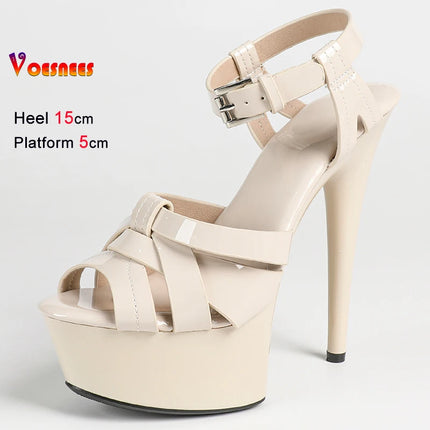 New Summer Pink Women Sandals Thin Heels 15cm Platform 5cm Cross Straps Ankle Buckle Round Toe Ladies Pumps Stiletto Party Shoes