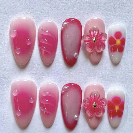 24pcs Almond False Nails Tips Summer Beach Colorful Nails Sets with Pearl Flower Design Press on Nails Art Wearable Fake Nail
