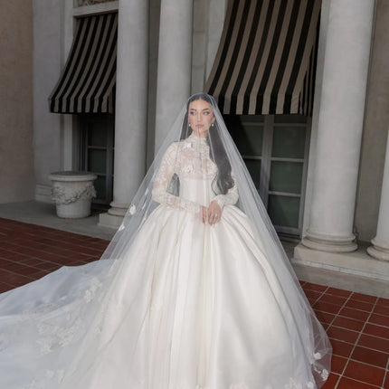 Customized Palace Retro Style Satin Wedding Dress with High Neck Long Sleeve Lace Skirt and Large Skirt Vestido De Novia