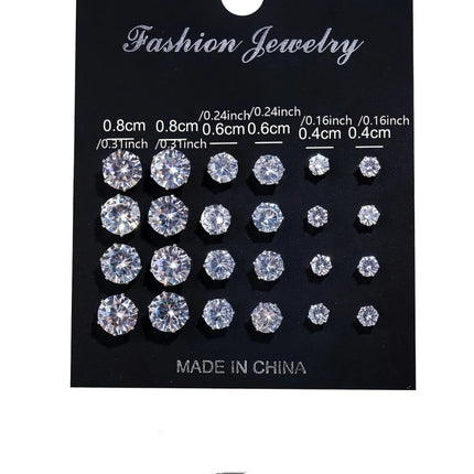 12 Pairs Set Stainless Steel Silver Color CZ Stud Earrings with Gemstone Buds Round Earrings Jewelry Accessories Unisex
