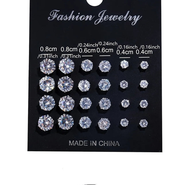 12 Pairs Set Stainless Steel Silver Color CZ Stud Earrings with Gemstone Buds Round Earrings Jewelry - product image 2