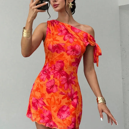 Women'S Spring Summer Floral Print Vacation Casual Off-Shoulder Slouchy Strappy Sleeveless Short Skirt Dress