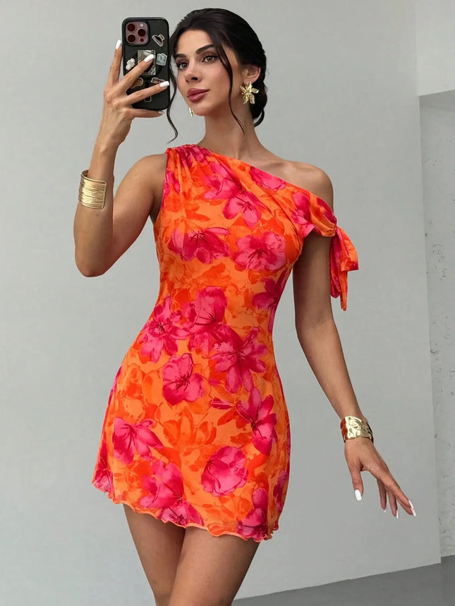 Women'S Spring Summer Floral Print Vacation Casual Off-Shoulder Slouchy Strappy Sleeveless Short Skirt