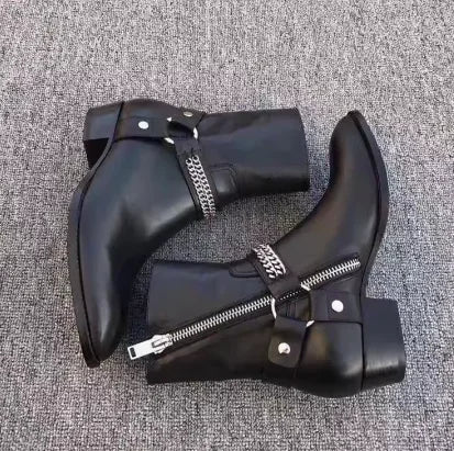 Black Buckle Genuine Leather Ankle Boots for Men Low-heeled Western Boots Safety Shoes Man for Work Handmade Winter Desert Boots