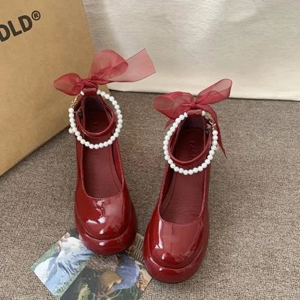 Mary Jane Shoes Women's Spring New Ultra-high Heel Pearl Chain with Platform Block Heel Wedding Shoes Lolita Shoes