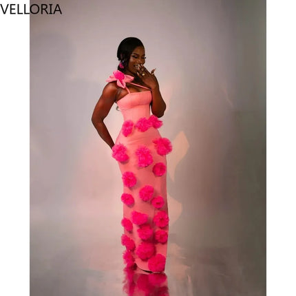 Hot Pink Pom Mermaid Maxi Evening Dress for African Women Strapless Bodycon Formal Party Gown Floor-Length Prom Gown Customized