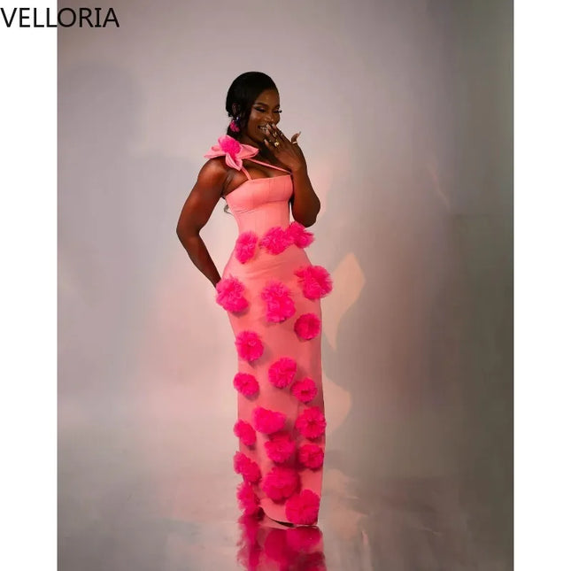 Heißes pinkes Pom-Meerjungfrau-Maxi-Abendkleid für afrikanische Frauen, trägerlos, Bodycon, formelles Partykleid, bodenlang, Abschlussballkleid, maßgefertigt
