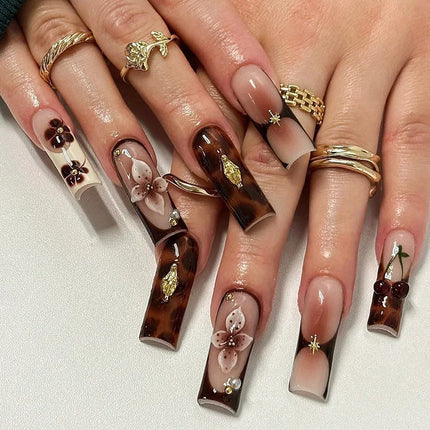 24Pcs Brown Long Coffin False Nails Glitter Ballet Wearable with French Design Fake nails Full Press on Nail Ins Nail Tips Art