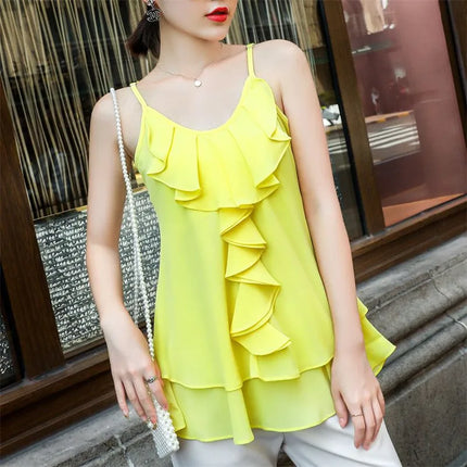 Women Loose Casual Solid Tank Tops Sleeveless O Neck Ruffles Vest Blouse Ladies All-Match 10 Colors Shirts Tops