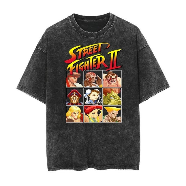 Vintage Washed T-Shirt Street Fighter Classic Game Printed Harajuku Hip Hop Oversized Kurzarm Herren Damen T-Shirts Tops Sommer