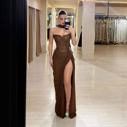 Serene Hill 2026 Brown Lace Beaded Mermaid Evening Dress High Split with Scarf Cape for Women Party Gown LA73672 Customized
