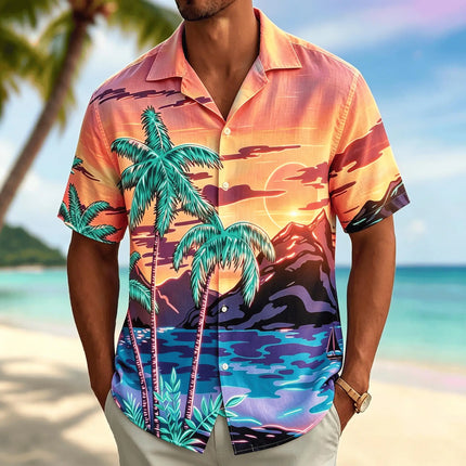 Men's Neon Sunset Palm Print Short Sleeved Shirt, Hawaiian Beach Scenery Casual and Comfortable Shirt