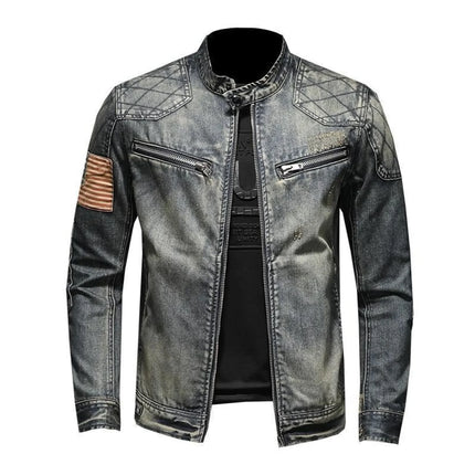 Vintage Denim Jacket With Zip Stand Up Cotton Slim Fit Denim Coat Jeans Long Sleeve Loose Pocket Zipper Top Winter Jacket Men