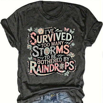 Survived Too Many Storms Women's Tee, Floral Butterfly Graphic Dark Grey Top