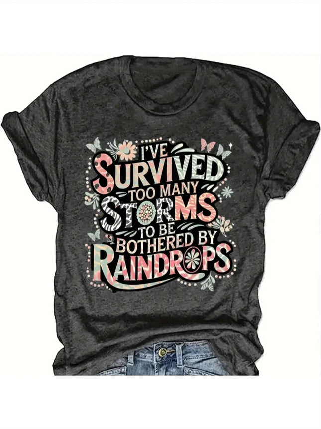 Survived Too Many Storms Damen T-Shirt, Oberteil Dunkelgrau mit Blumen-Schmetterlings-Grafik