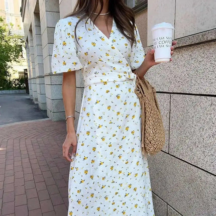 Summer Women Psrinted Dress Lace Up Short Sleeve Fashion Office Lady Long Dress 100% Cotton Daily Casual V-neck Dress ZAM8