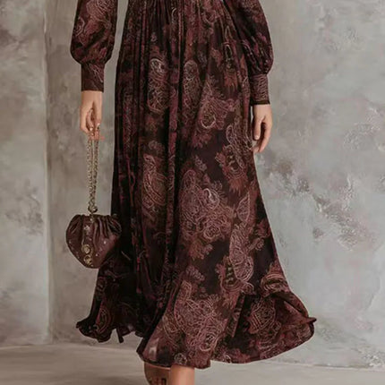 Woman Vintage Floral Print A-Line Long Dress Sexy V Neck Zipper High Waist Pleated Dress Autumn Long Sleeve Evening Gown Dresses